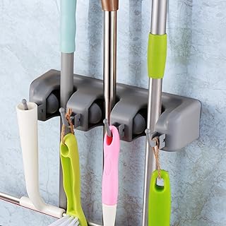 Mop and Broom Holder Wall Mounted 3 Position Storage Rack with 4 Retractable Hooks Holds up to 7 Tools Utility Weatherproof Holder for Garage Storage Systems Broom Organizer,Gray